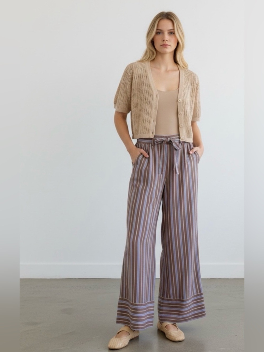 NWT Active USA Brown and Blue wide leg cotton striped pants sz M